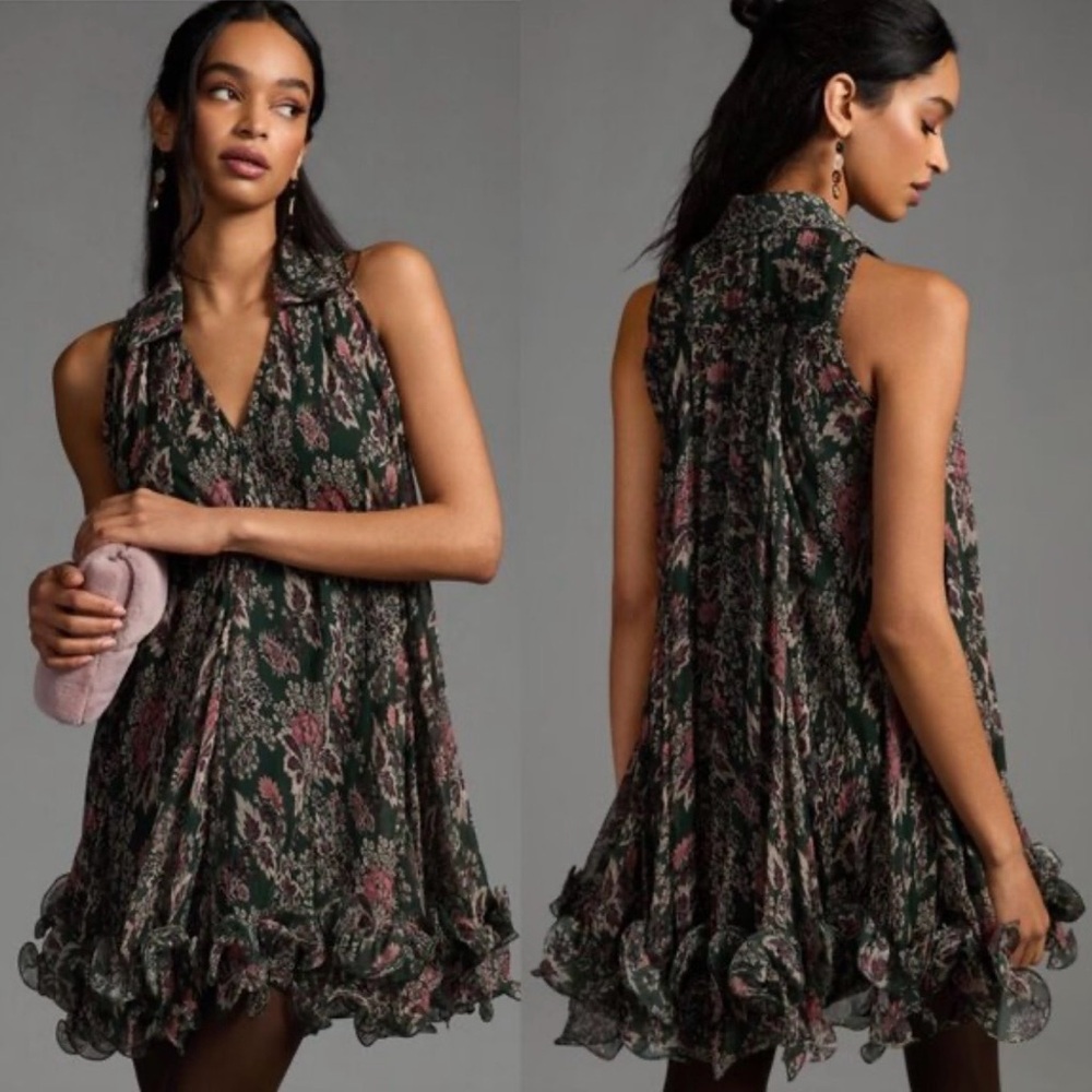 Anthropologie Black and Pink Floral Mini Dress